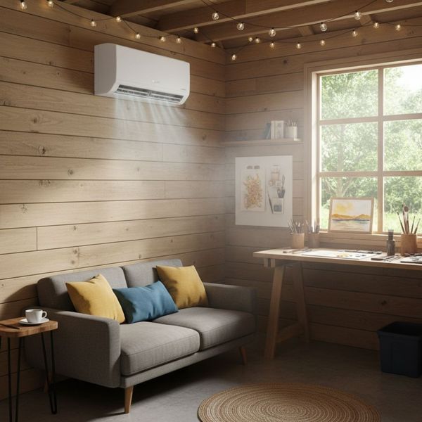Wood-paneled backyard shed or studio with a sofa and mini-split AC unit. 