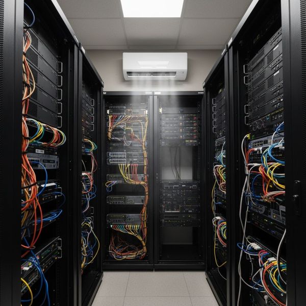 Mini-split unit cooling a narrow aisle in a professional server room or data closet.