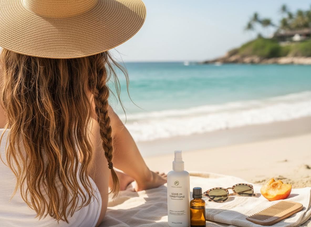 Woman on beach with hair care products and ocean view