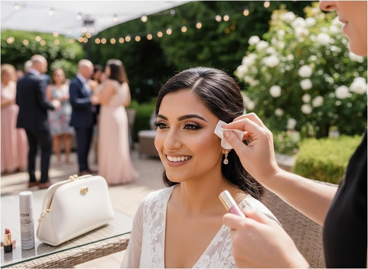 Smiling bride getting makeup touched up outdoors