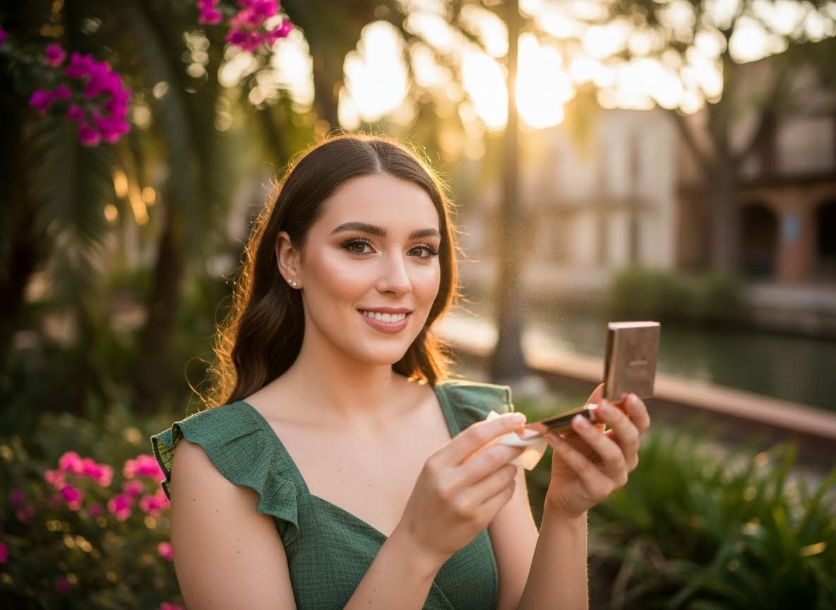Young woman touching up makeup outdoors