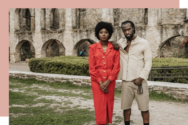 Two people in an outdoor photoshoot
