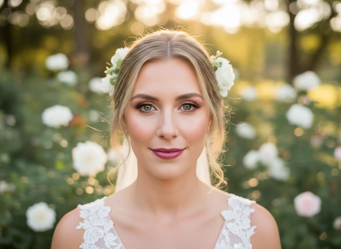 Close-up portrait of a beautiful bride with white flowers in her hair