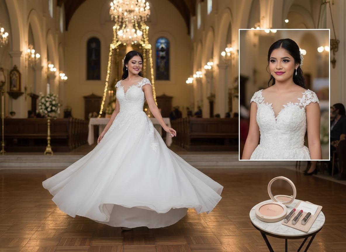 Elegant Young Woman in White Lace Gown in Church
