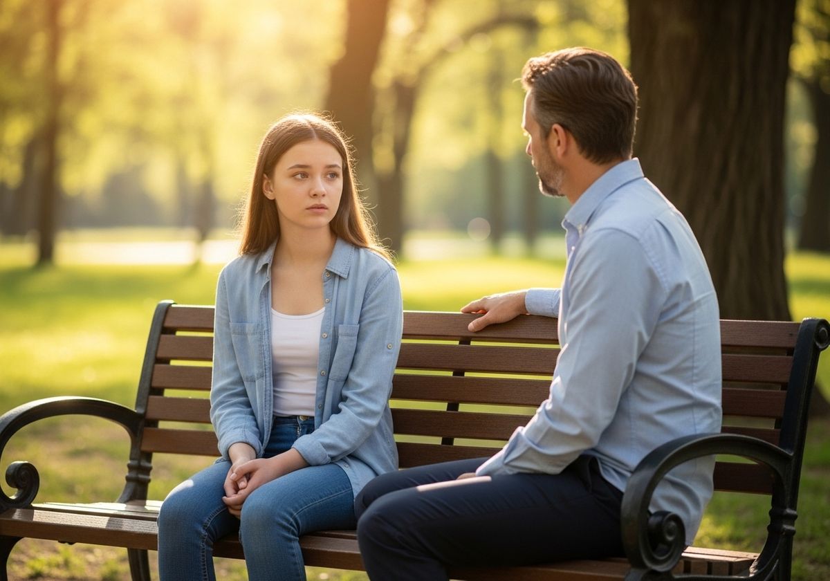 Concerned Father Talking With Teenage Daughter On Park Bench
