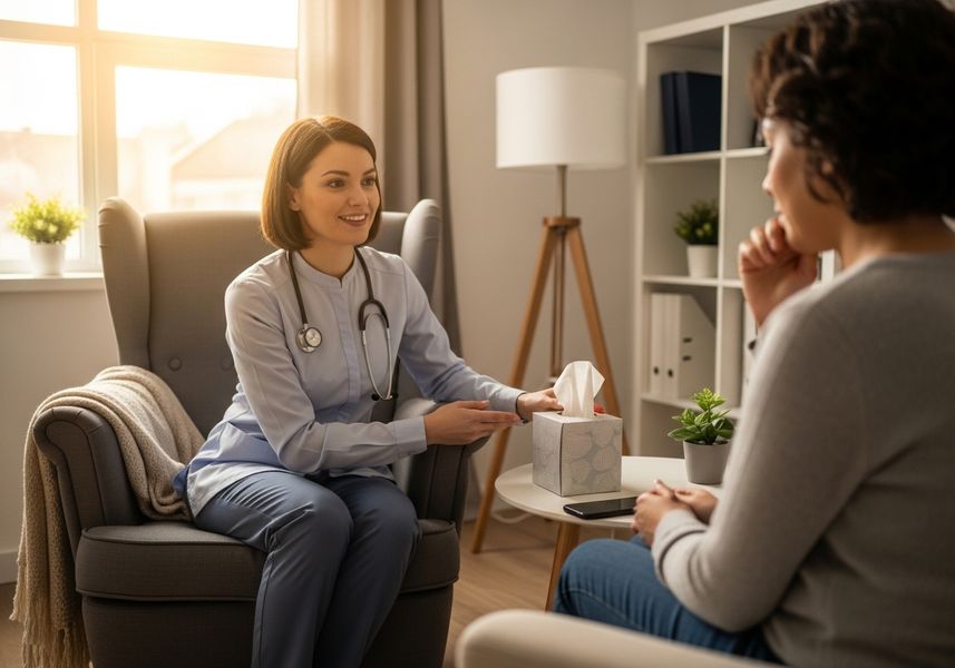 Therapist Offering Tissues to Patient