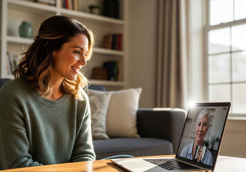 Woman video conferencing with family on laptop