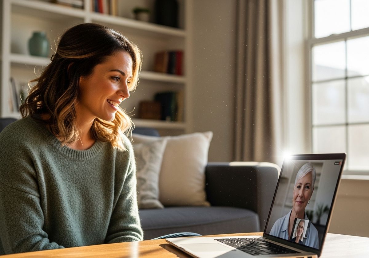 Woman video conferencing with family on laptop