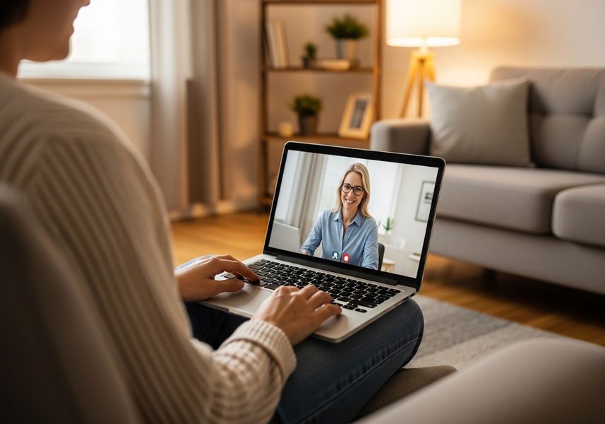 Woman in video call on laptop