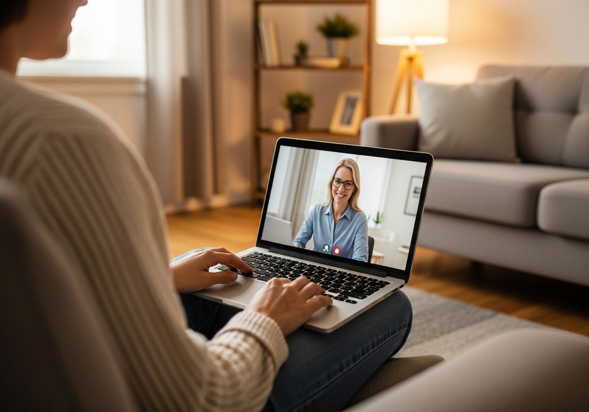 Woman in video call on laptop