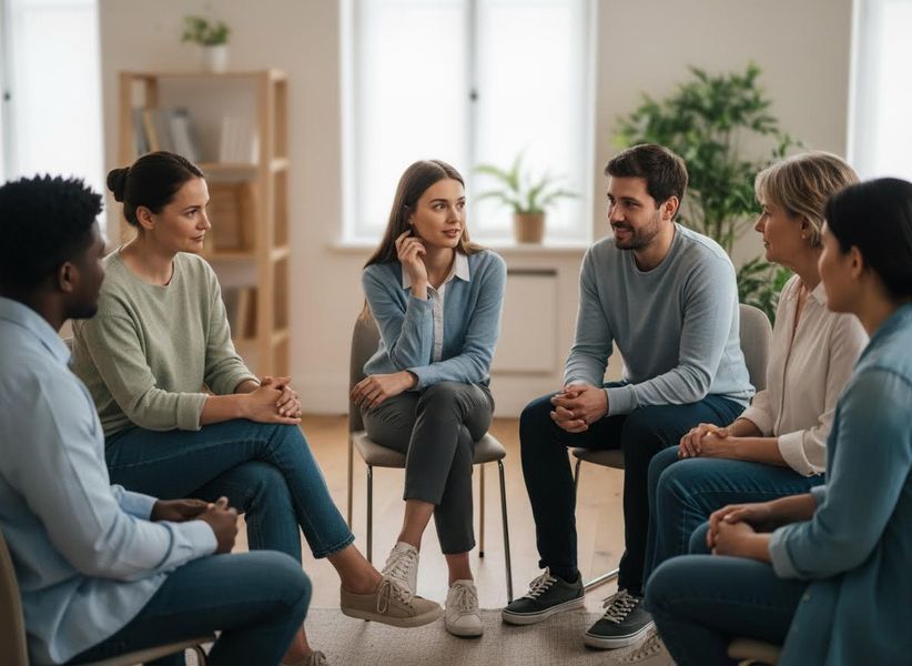 Six diverse adults sit in a circle, engaged in a supportive discussion or therapy session in a bright room. Diverse Group Therapy Session