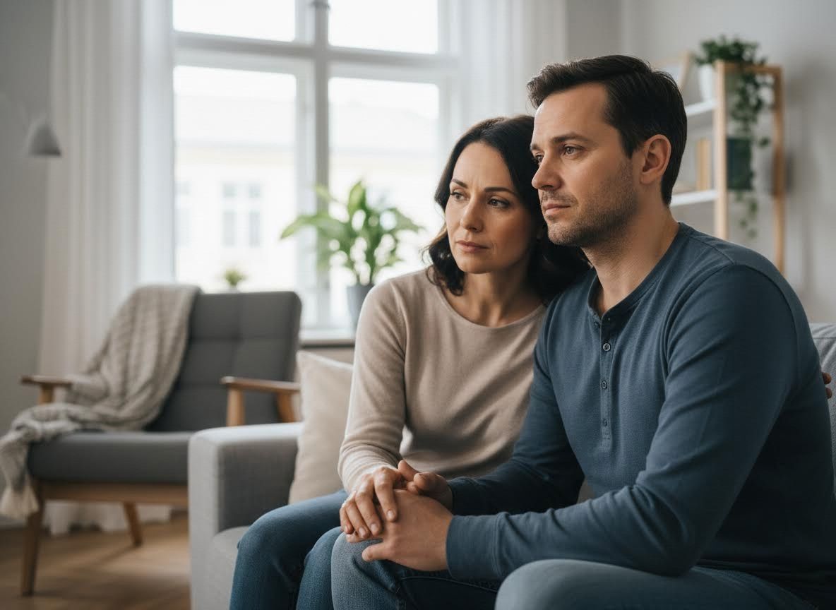 Concerned couple sitting on sofa