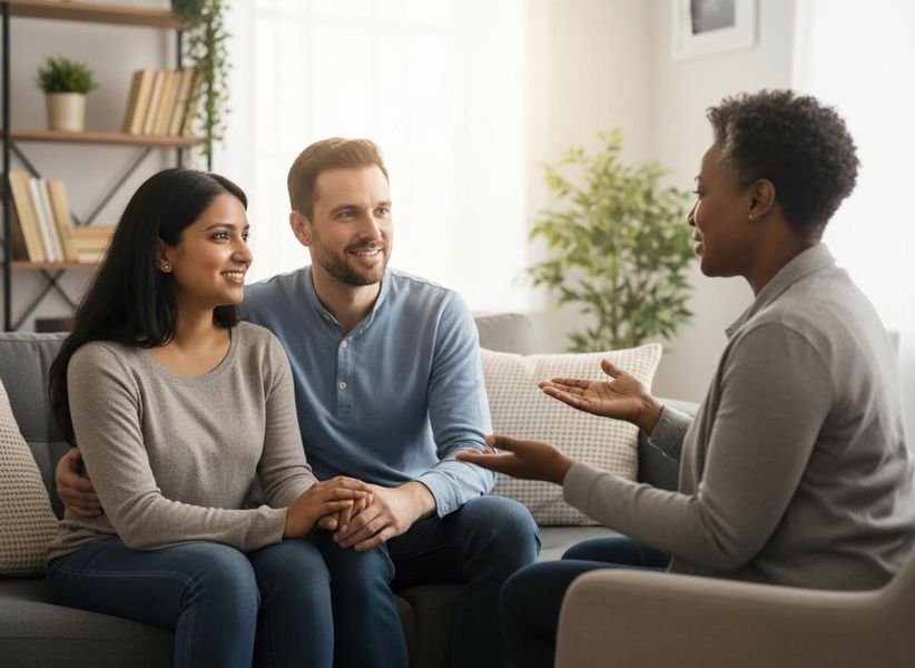 An Indian woman and a Caucasian man hold hands on a couch, listening to an African American female therapist speak in a bright room. Couple in counseling with a female therapist