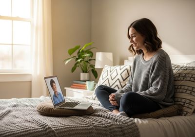 Woman video chatting on laptop in bedroom