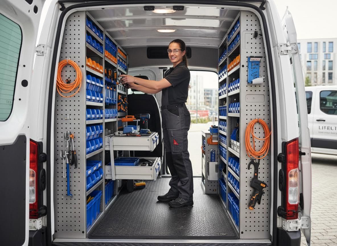 Tradeswoman Organizing Tools in Service Van
