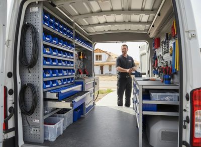 Smiling technician stands at the back of a fully customized work van with shelves, drawers, and tools. Tradesperson with organized service van