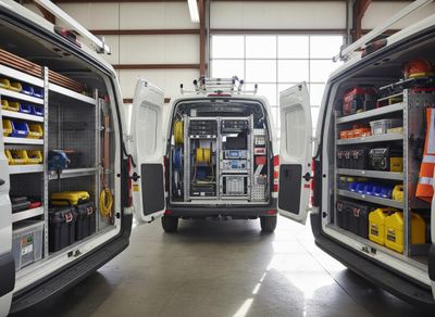 Three work vans in a workshop with open rear doors, displaying organized shelving, tools, and specialized equipment. Three white service vans with open doors revealing organized interiors