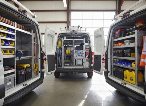 Three work vans in a workshop with open rear doors, displaying organized shelving, tools, and specialized equipment. Three white service vans with open doors revealing organized interiors