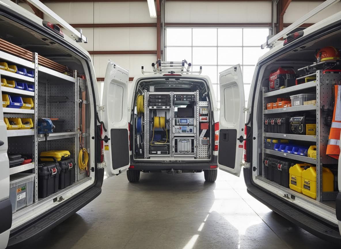 Three white service vans with open doors revealing organized interiors