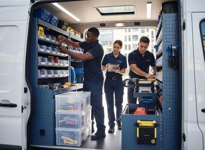 Service technicians working in custom-fitted work van
