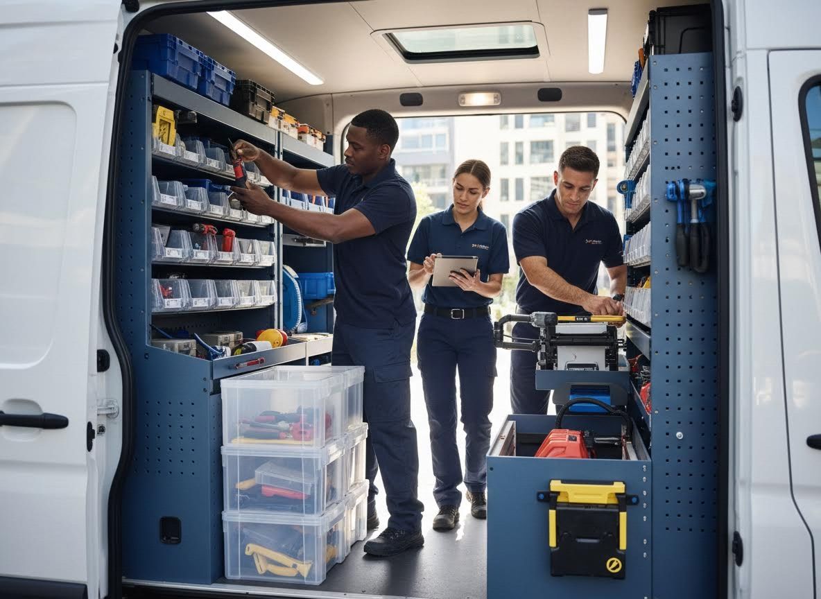 Service technicians working in custom-fitted work van