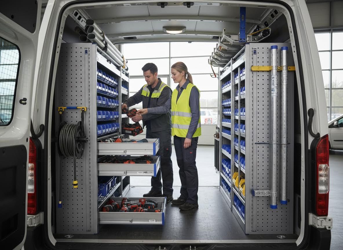 Tradespeople Organizing Tools in Service Van