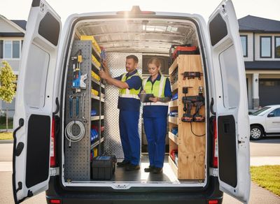 Two service technicians organize the back of a work van