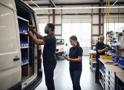 Technicians working in a service garage with a white van