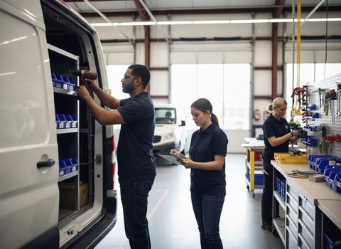 A man installs shelving in a white service van while a woman checks a tablet and another organizes tools at a workbench. Technicians working in a service garage with a white van