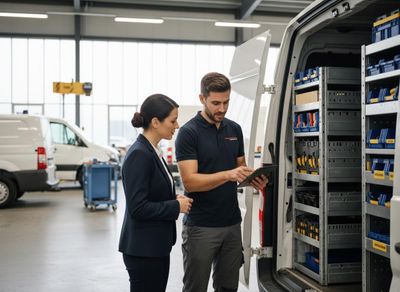 A service technician in uniform shows information on a tablet to a businesswoman, next to a white service van with organized shelving. Service technician showing tablet to businesswoman next to a service van