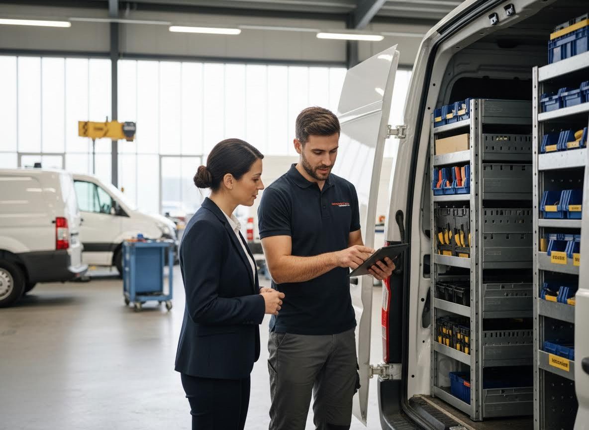 Service technician showing tablet to businesswoman next to a service van