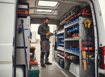 Tradesman in organized work van