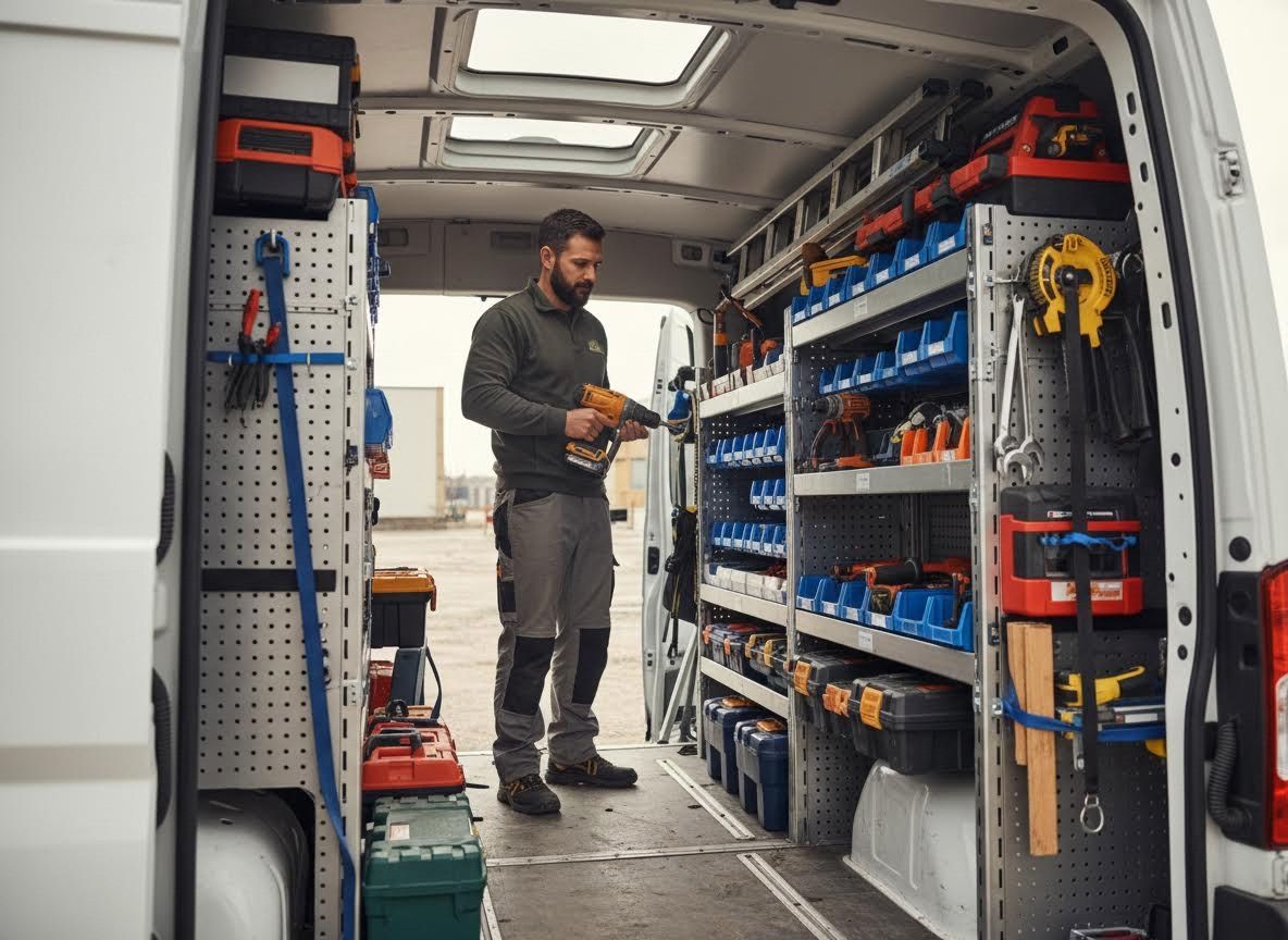 Tradesman in organized work van