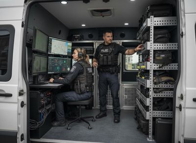 Two professionals, a woman at a multi-monitor workstation and a man pointing to gear, inside a customized mobile operations van. Tactical personnel in mobile command center