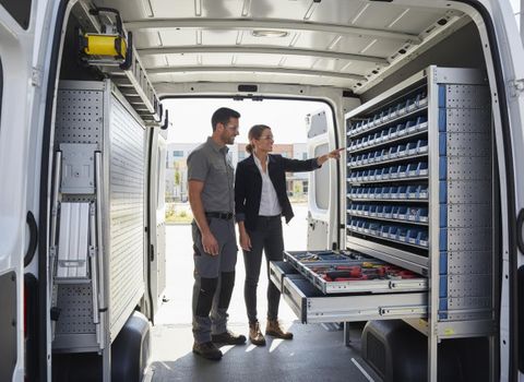 Two technicians examine a custom-fitted cargo van with organized shelves, bins, and pull-out tool drawers for mobile work. Professionals Reviewing Organized Cargo Van Storage