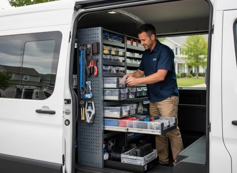 A service technician organizes tools and parts from custom shelving with clear bins and pegboard inside a white work van. Professional Organizing Tools in Work Van