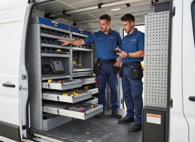 Two technicians in blue uniforms examine tools and parts in a white service van equipped with modular shelving and drawers. Two service technicians inspecting tools in an organized work van