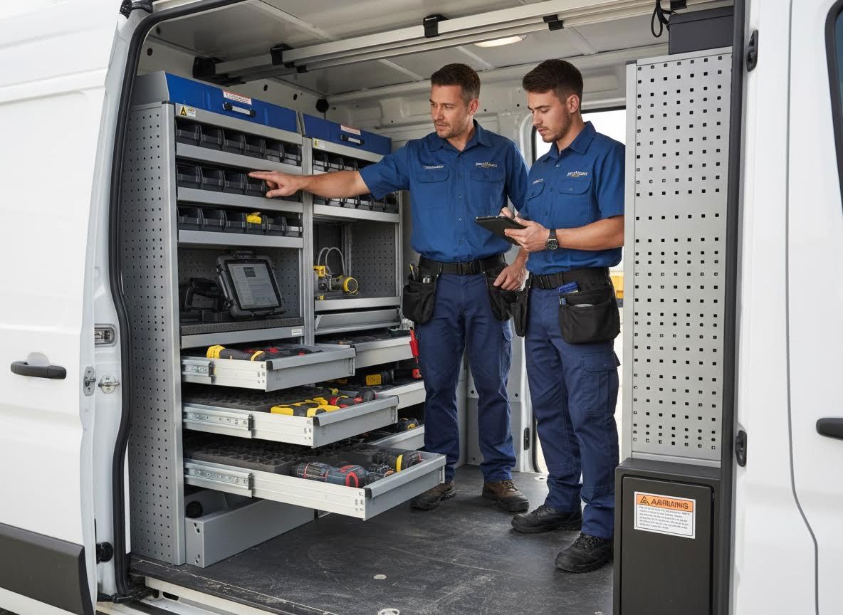 Two service technicians inspecting tools in an organized work van