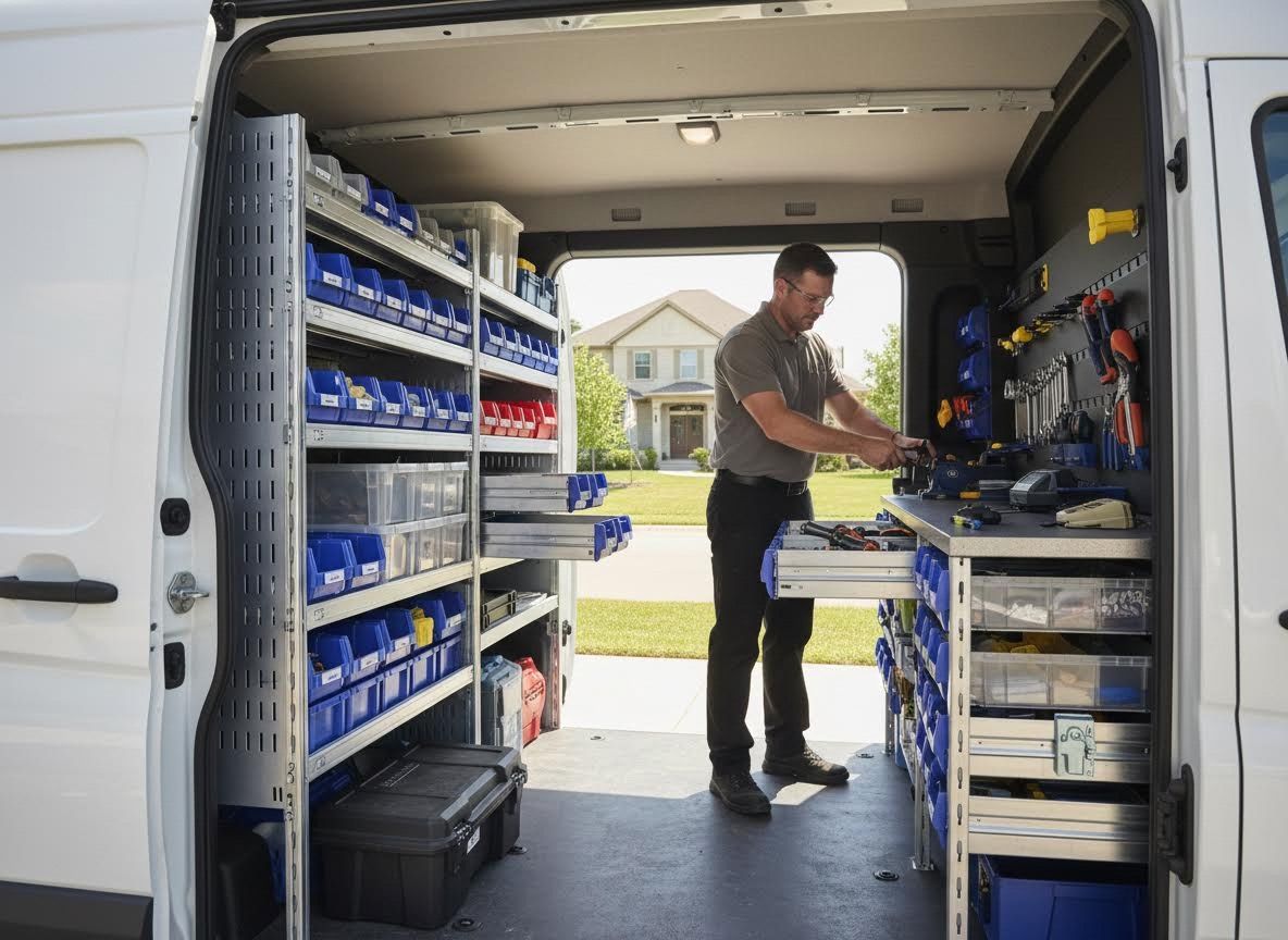 Service Van Interior with Technician and Organized Tool Storage