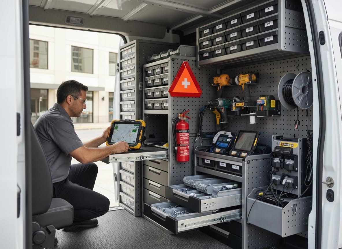 Technician using a tablet in a fully equipped service van