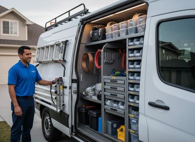 A smiling technician in a blue uniform stands next to an open service van, revealing an organized interior with tools and parts. Service Technician with Fully Equipped Work Van