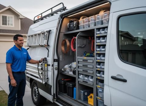 A smiling technician in a blue uniform stands next to an open service van, revealing an organized interior with tools and parts. Service Technician with Fully Equipped Work Van