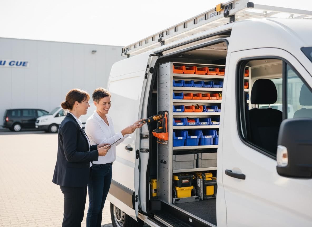 Women reviewing organized service van interior