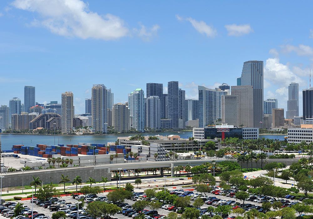 an aerial view of a city port