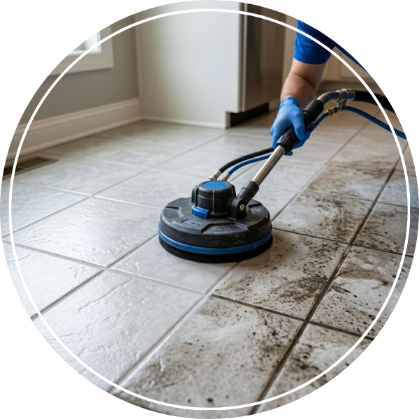 A professional using a floor cleaner to deep clean tile and grout