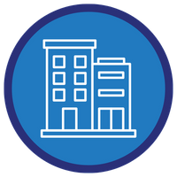 A symbol of a commercial office building inside of a two-tone blue cirlce
