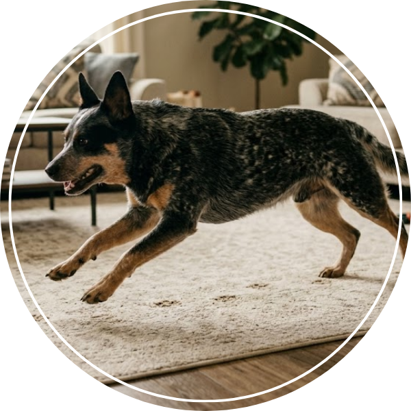 A dog running across an area rug in a home and leaving muddy paw prints
