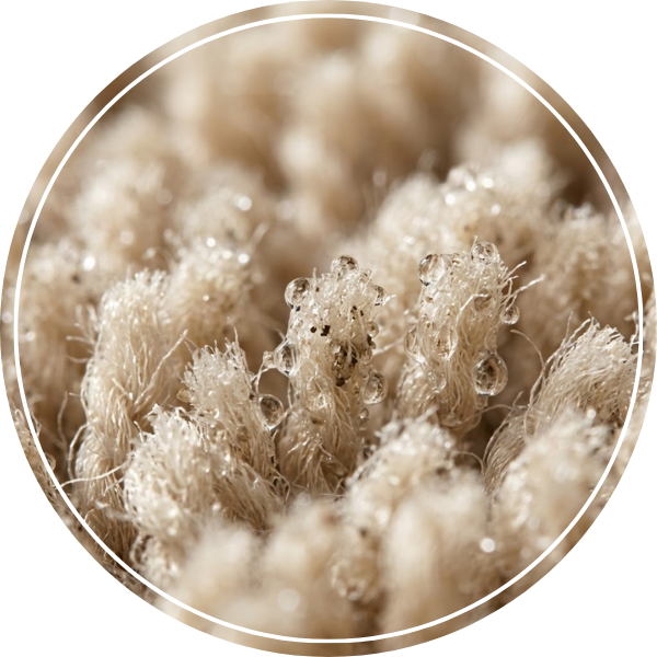 Macro photographic close-up of clear cleaning solution droplets encapsulating soil on light carpet fibers.