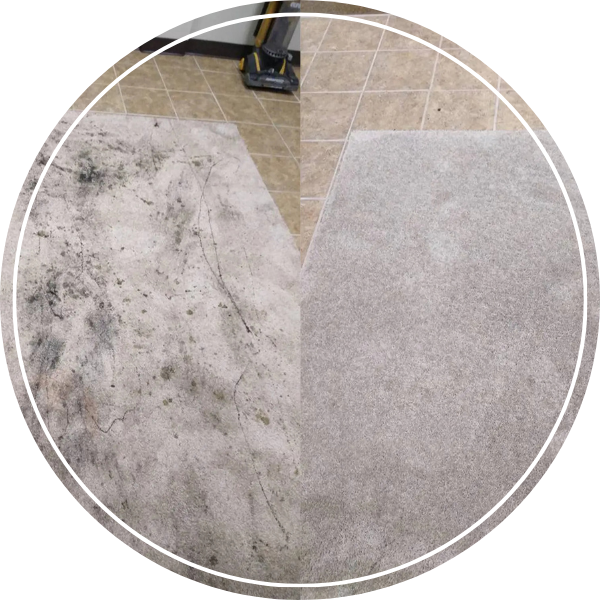 A before-and-after of an area rug that has been cleaned