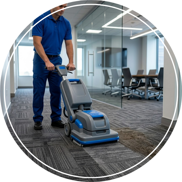 A professional running an industrial carpet cleaner to remove stains from an office carpet